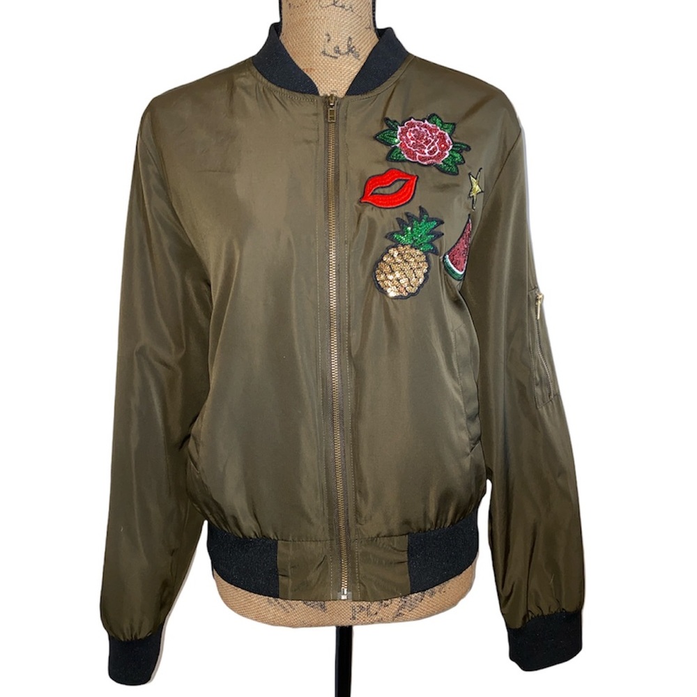 NWOT Gianni Bini Green Sequined Appliqué Bomber Jacket